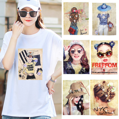 工厂直销时尚大号印花钉珠布贴装饰衣服补丁贴美女图案 现货批发