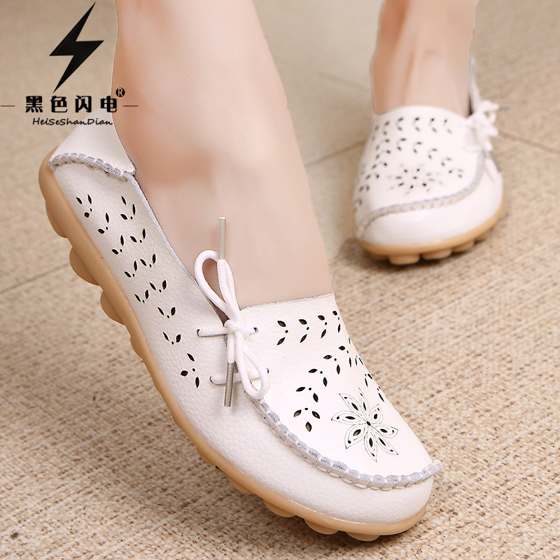 黑色闪电春夏新新款镂空鞋低帮平底休闲牛皮护士鞋大码真皮妈妈鞋|ms