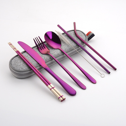 Amazon Cross-border 304 stainless steel knife fork spoon straw square chopsticks travel portable set Outdoor tableware