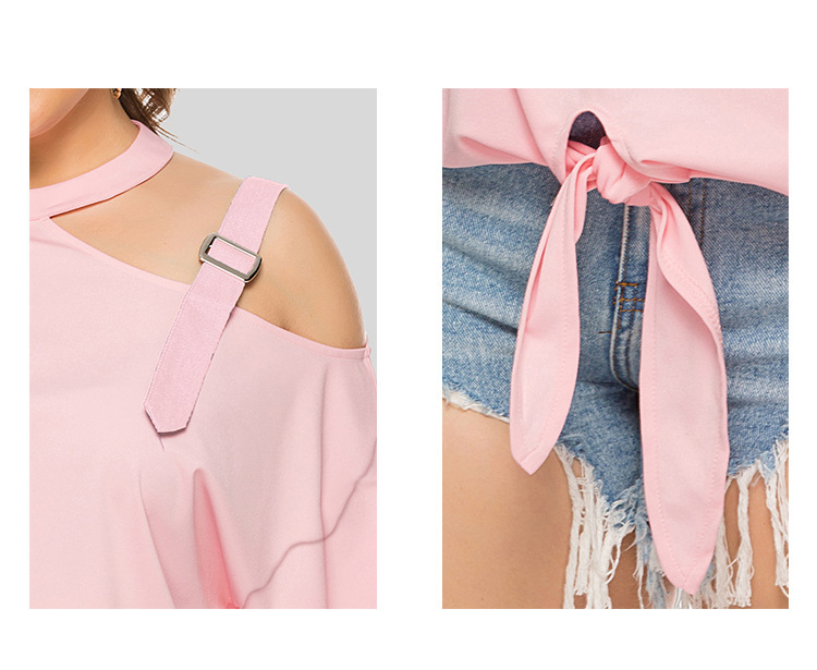 plus size shoulder strap solid color bow long sleeve oblique shoulder T-shirt NSJR17170
