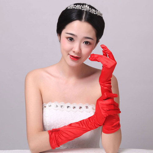 Bridal Wedding Decorative Gloves with Finger Double Row Sewing Beaded Stretch Satin Dress Gloves Sun Protection Performance Sleeves