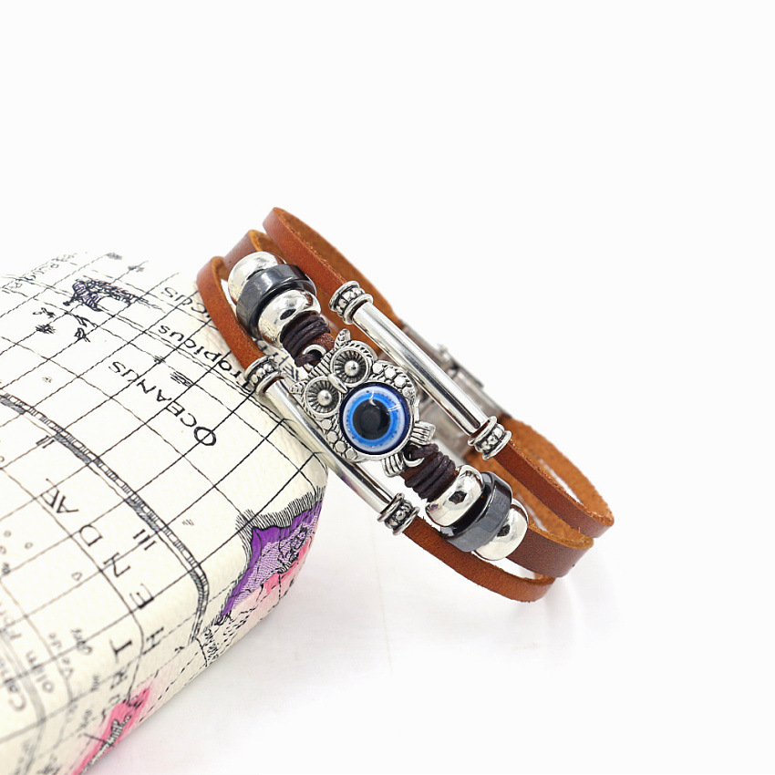 Bohemian Style Brown Cowhide Bracelet Blue Eyed Sunny Owl Beaded Multilayer Fashion Bracelet Wholesale Nihaojewelry display picture 5