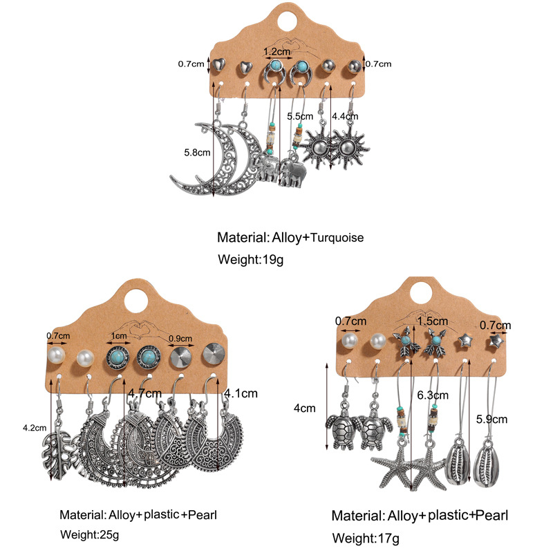 Sun Leaf Moon 6 Pairs Of Earrings Creative Retro Hollow Carved Earrings Wholesale display picture 12