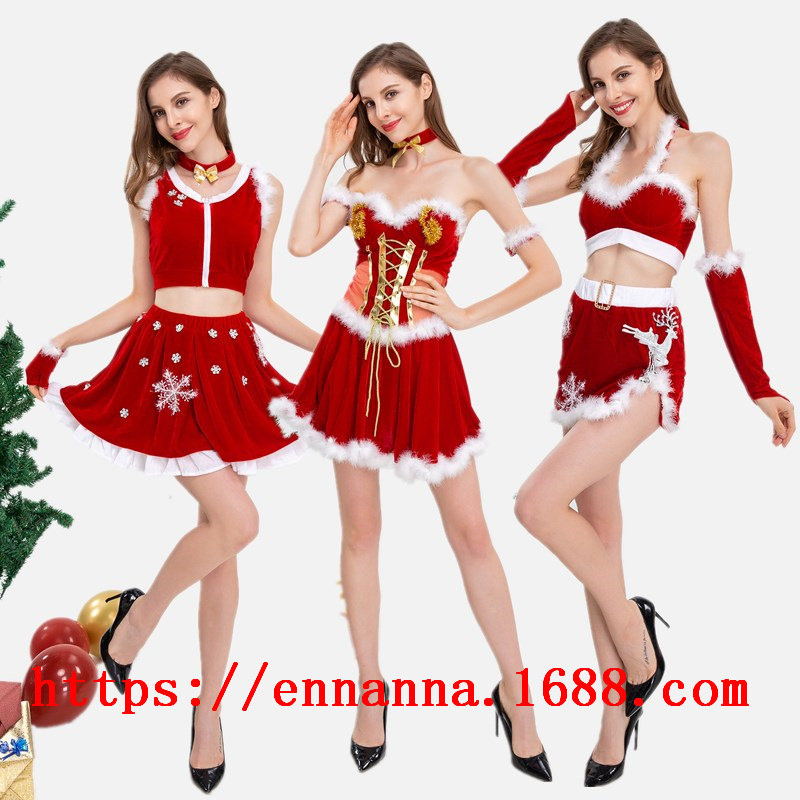 2025 New European and American Sexy Christmas Costumes Santa Claus Outfit Two-Piece Red Christmas Performance Costume Wholesale