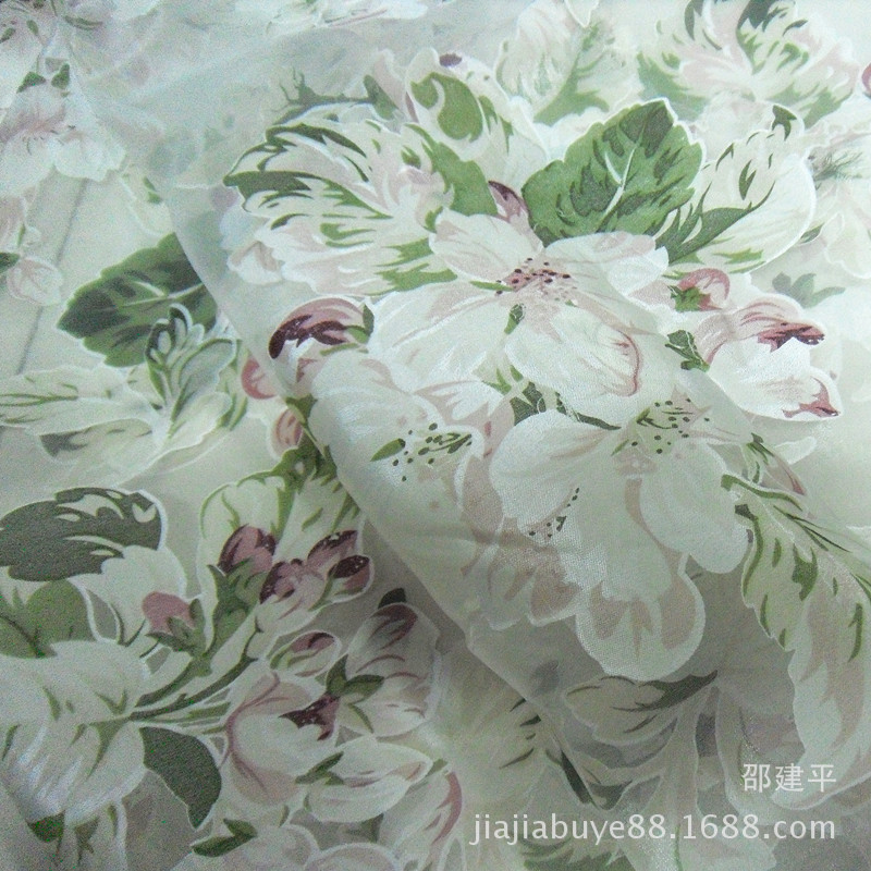 厂家直印花玻璃纱防晒衣布料透明度印染欧根纱烂花飘纱植物印花