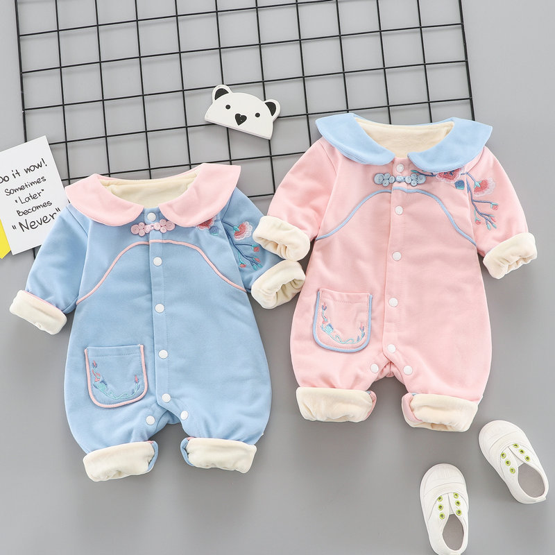 Baby Girl Velvet Warm Jumpsuit 0-3-6-9-12 Months Baby Girl Full Moon Autumn and Winter Vintage Guofeng Haggown