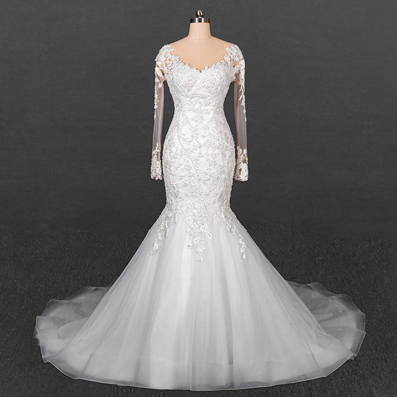New European-style Long-sleeved Fishtail Large Trailing Wedding Dress Elegant Lace Clear Mesh Yarn Slim-fit Slim-fit Customizable