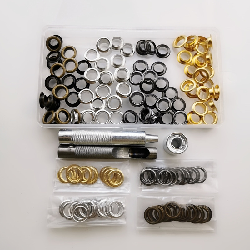 100 sets de diámetro interior 10MM4 Color Aire ojo hebilla + 3 unidades de herramientas de metal callos borde redondo ojal lona hebilla para transfronteriza