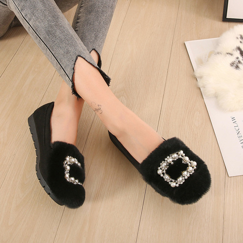 2024 Autumn and Winter low-cut beanie shoes with real rabbit fur and plush fur shoes shallow mouth flat shoes slip-on shoes for women large size