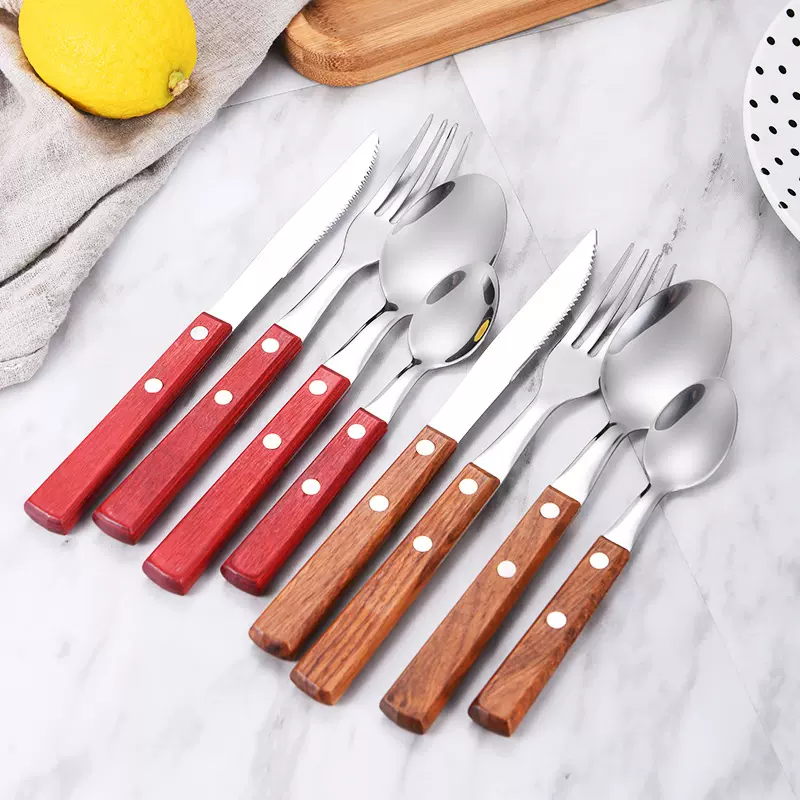 304不锈钢红木柄牛排刀叉餐叉甜品勺 西餐厅西餐刀叉勺礼品四件套