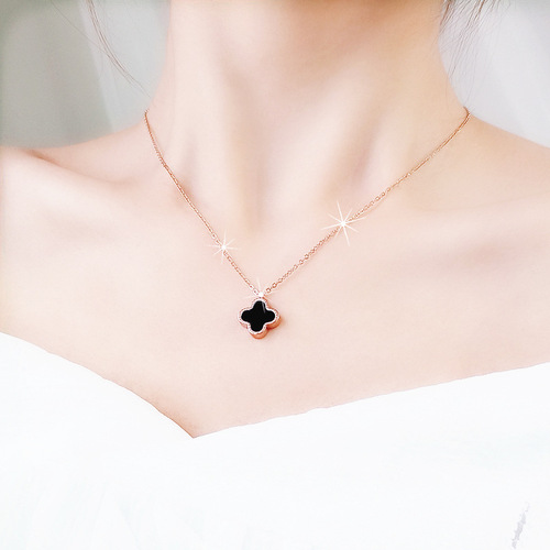18K Rose Gold Four-Leaf Clover Necklace for Women, Titanium Steel Pendant—Unique, Minimalist, Elegant Clavicle Chain—Perfect 7th Night Gift, Versatile Design