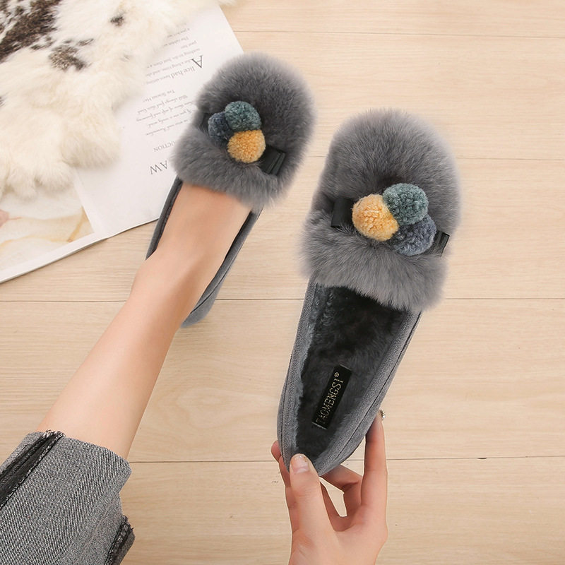 Giày lười nữ mũi tròn lót lông thỏ đế dày giữ ấm — Màu xám, Màu đen
