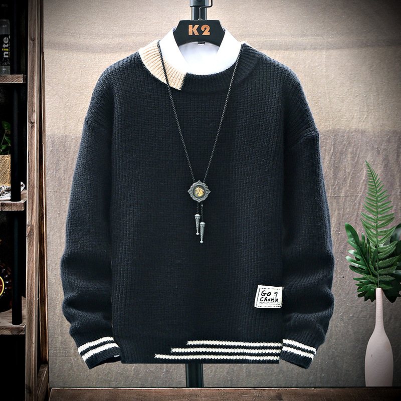 El comercio exterior de los hombres de manga larga de cuello redondo engrosada Otoño e Invierno carta Jersey juventud coreano suéter de los hombres delgados