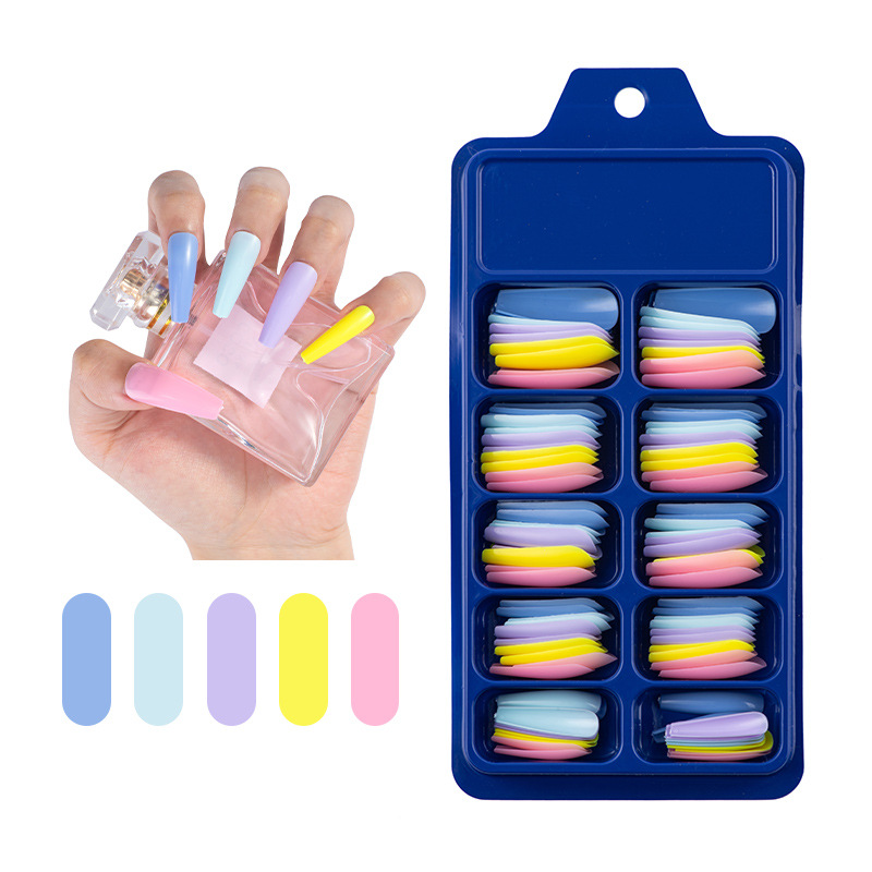 Boutique cross-border mixed color solid color blue box full stick long ballet false nail finger T-shaped coffin nail art