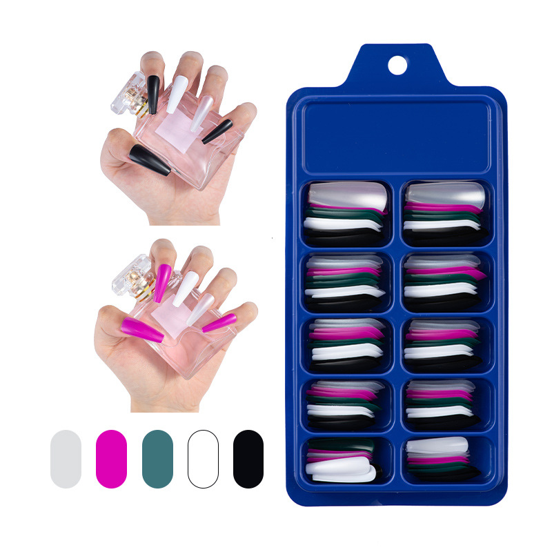 Boutique cross-border mixed color solid color blue box full stick long ballet false nail finger T-shaped coffin nail art