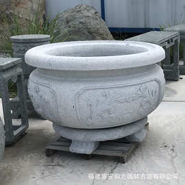 圆形石雕花钵图片 大理石石材浮雕花盆 纹理清晰美观 大型养鱼缸