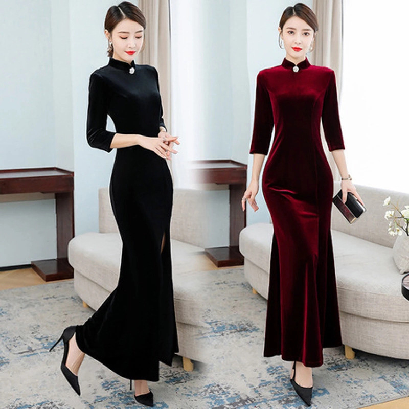 Guopaitong foreign trade autumn and winter cheongsam evening dress fishtail velvet dress broadcaster TikTok online red front desk guest show Guopaitong foreign trade autumn and winter cheongsam evening dress fishtail velvet dress broadcaster TikTok online red front desk guest show