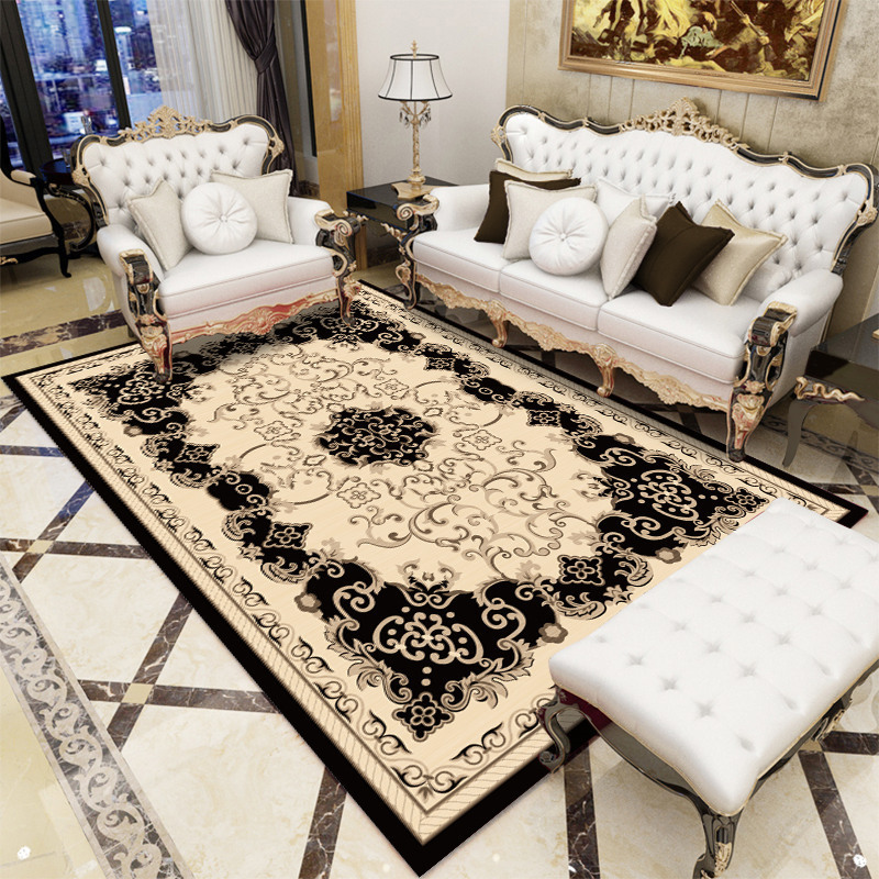 Alfombras de estilo europeo para venta al por mayor transfronteriza, alfombras de gran superficie para salas de estar, alfombras para sofá y mesa de centro, alfombras de fácil cuidado para alojamientos.