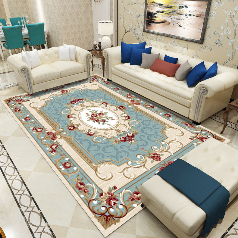 Alfombras de estilo europeo para venta al por mayor transfronteriza, alfombras de gran superficie para salas de estar, alfombras para sofá y mesa de centro, alfombras de fácil cuidado para alojamientos.