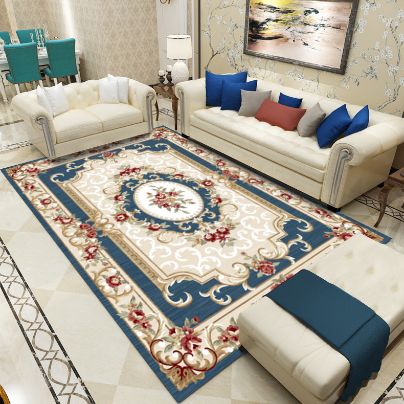 Alfombras de estilo europeo para venta al por mayor transfronteriza, alfombras de gran superficie para salas de estar, alfombras para sofá y mesa de centro, alfombras de fácil cuidado para alojamientos.