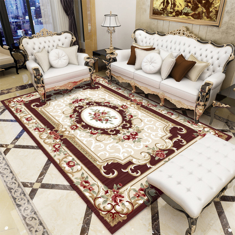 Alfombras de estilo europeo para venta al por mayor transfronteriza, alfombras de gran superficie para salas de estar, alfombras para sofá y mesa de centro, alfombras de fácil cuidado para alojamientos.