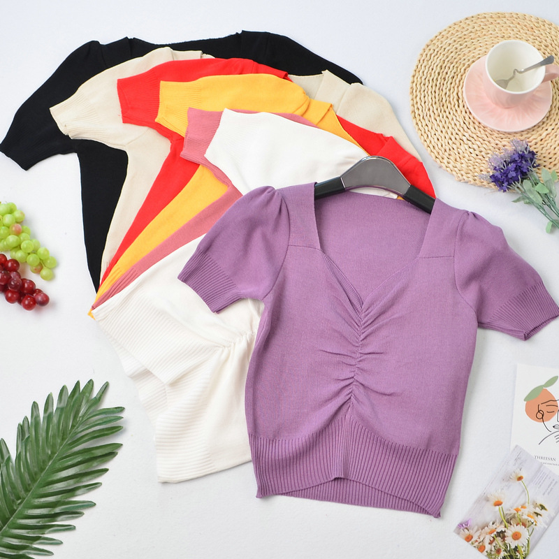 实拍夏季新款港味复古泡泡袖短款打底修身V领短袖针织衫上衣女装