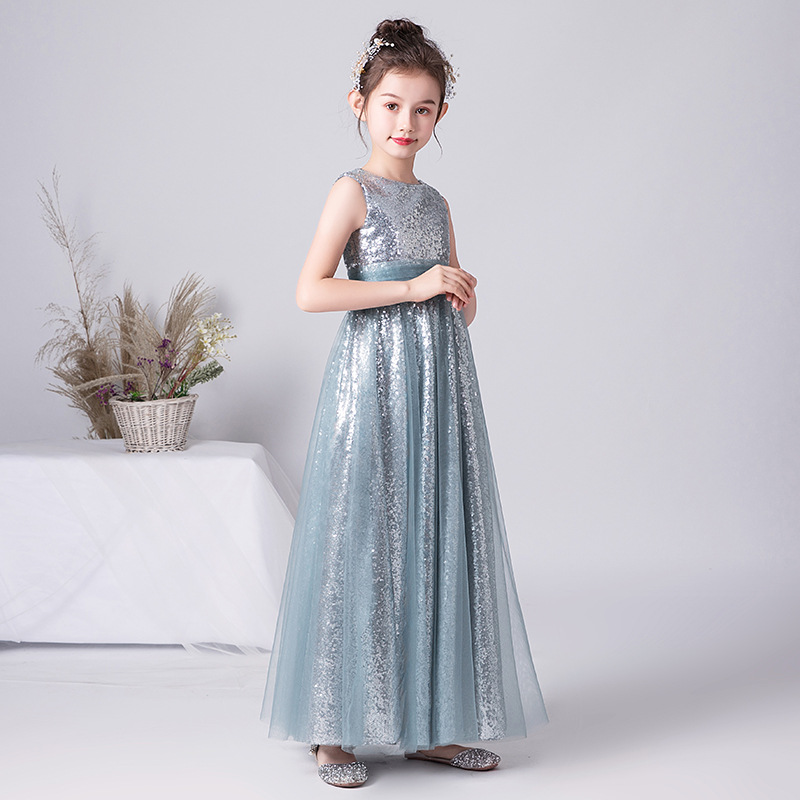 Prinzessinnenkleid für Kinder, silbergrau, hochwertiges Polyester, Bühnenkostüm für ältere Kinder, ideal für Geigenvorträge und andere Anlässe_voghion.com