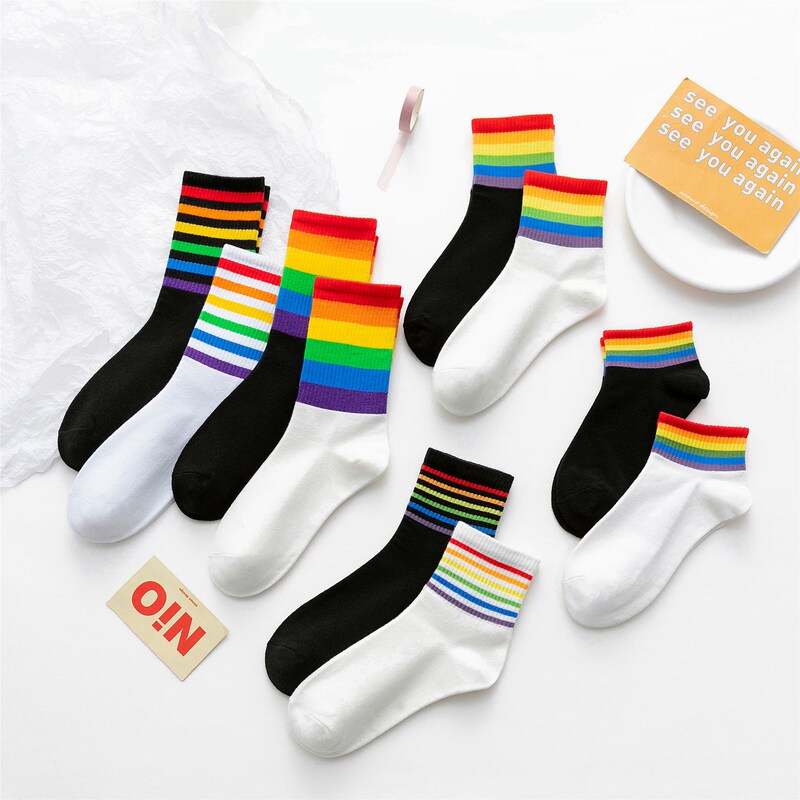 Rainbow Socks Women's High Waist Mid-rise Trendy Street ins Korean Style Outwear Japanese Style Internet Red Black White Sports Stockings Rainbow Socks Women's High Waist Mid-rise Trendy Street ins Korean Style Outwear Japanese Style Internet Red Black White Sports Stockings