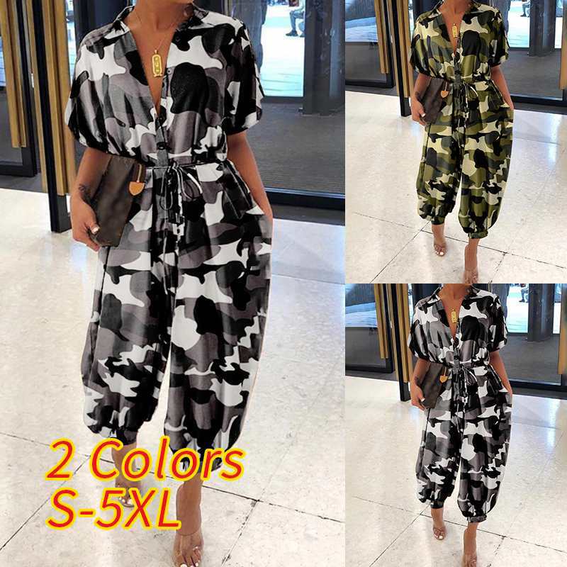 2020 European and American Leopard Print Jumpsuit for Women, Retro Short-Sleeved Button-Up Pants, Loose Fit, Plus Size, Slimming, High-Waisted, Leg-Lengthening