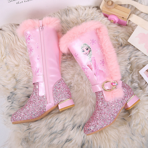 Girls high-heeled boots autumn and winter new children's high-top plus velvet snow boots Princess Elsa boots one piece drop shipping