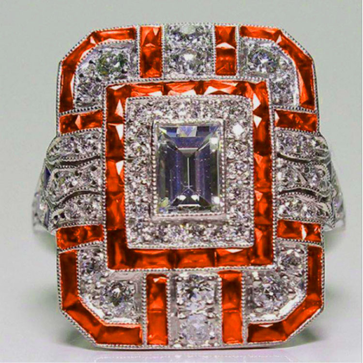 Chenrui Wish Cross-Border E-Commerce Retro Ethnic Style Four-Color Square Artificial Zircon Ring Micro-Inlaid Diamond Jewelry Gold-Plated