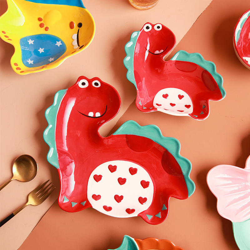 Japanese Style Cute Children's Tableware Set Creative Dinosaur Ceramic Bowl Salad Bowl Household Ceramic Plate Wholesale