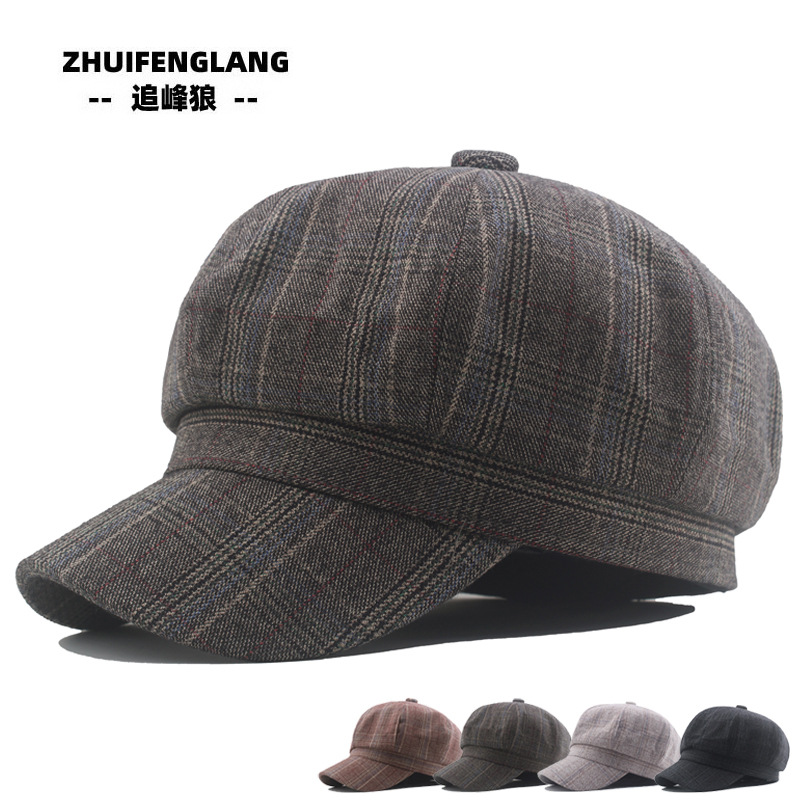 Octagonal Hat Women's Japanese Style Vintage Plaid Beret Cute Internet Red Hat Autumn and Winter Korean Style Trendy All-match Painter Hat
