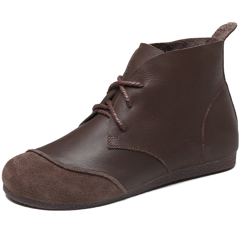 Clearance Genuine Leather Martin Boots for Women, Artistic Retro Color-Blocking, Rubber Sole, Lace-Up Flat Shoes Boots 718-5