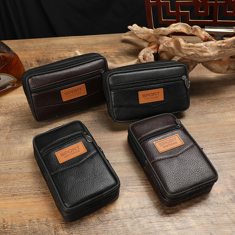 Men's Leather Horizontal Vertical Mobile Phone Waist Bag Simple Multi-Layer Mobile Phone Case Casual Sports Satchel Coin Purse Wholesale