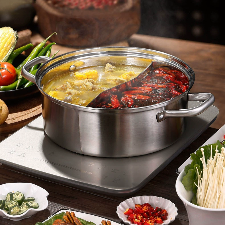 Hot pot, 304 stainless steel divided two‑flavor pot, glass lid, 26–32 cm, induction compatible