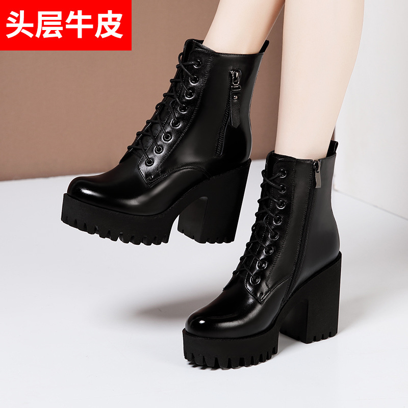 真皮中跟马丁靴粗跟厚底短靴防水台短筒系带秋冬新款女靴一件代发