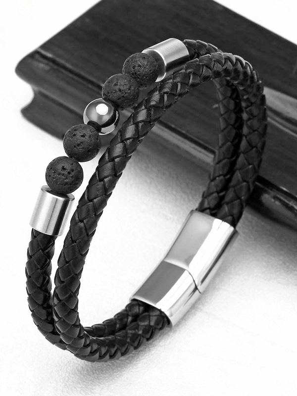 European and American Cross-border Explosions Punk Style Stainless Steel Real Leather Bracelet Handmade Natural Tiger Eye Volcanic Stone