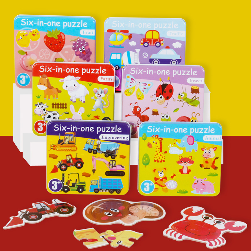 Juguetes de caja de hierro para niños pequeños, rompecabezas grandes y sencillos de coches y animales para niños y niñas, juguetes educativos e intelectuales para niños.
