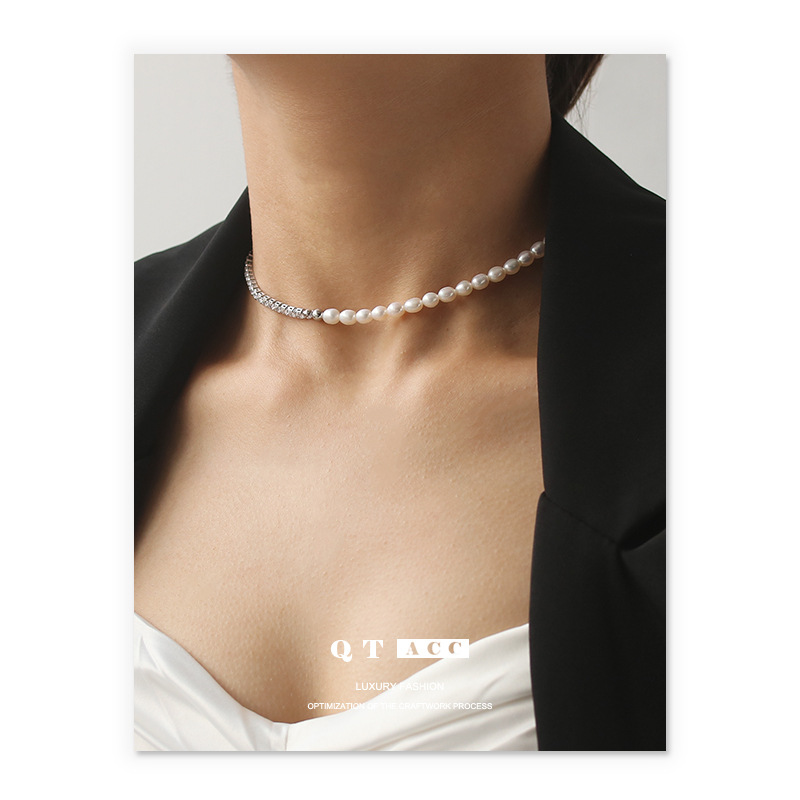 Brass platinum elegant organic necklace with zircon pearl