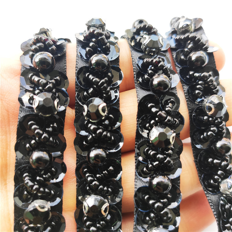 KLHB083全黑色珠顶订珠交叉订珠子花边服装服饰发带黑色