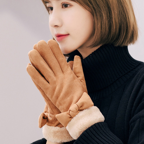 New winter cute touch screen suede thickened gloves Korean version cartoon warm plus velvet cold-proof gloves for women