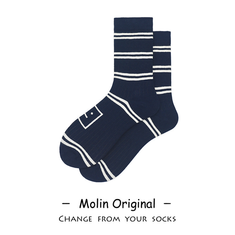 Mo Lin Navy Blue Stripe Fashionable Smiley Simple All-match Academic Korean Style Couple Socks Men's Mid-length Socks for Children Mo Lin Navy Blue Stripe Fashionable Smiley Simple All-match Academic Korean Style Couple Socks Men's Mid-length Socks for Children