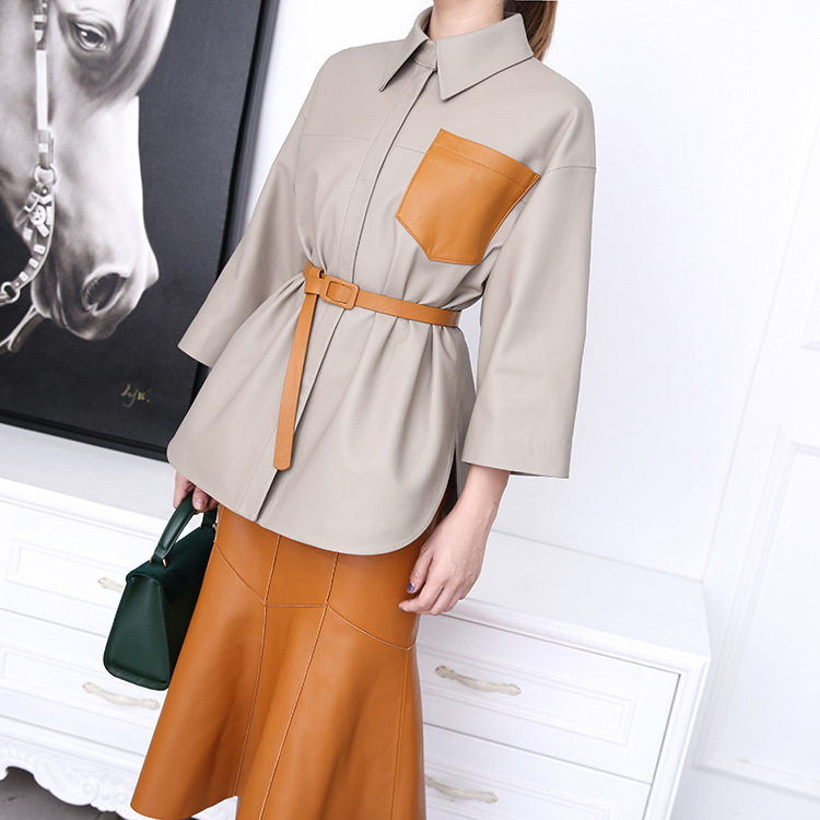 0112真皮2025春秋新款女日系外套七分袖撞色宽松羊皮衬衫简约皮衣