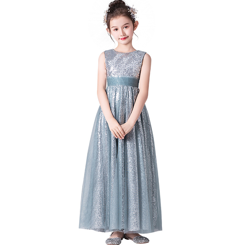 Prinzessinnenkleid für Kinder, silbergrau, hochwertiges Polyester, Bühnenkostüm für ältere Kinder, ideal für Geigenvorträge und andere Anlässe_voghion.com