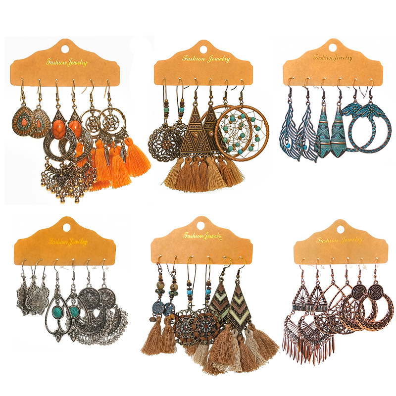 Cross-border hot sale suit tassel earrings European and American exaggerated jewelry three pairs earrings combination ethnic style jewelry wholesale