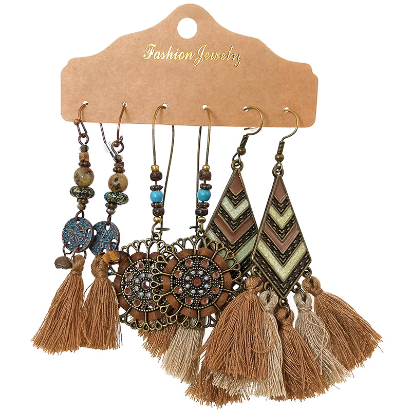 Cross-border hot sale suit tassel earrings European and American exaggerated jewelry three pairs earrings combination ethnic style jewelry wholesale