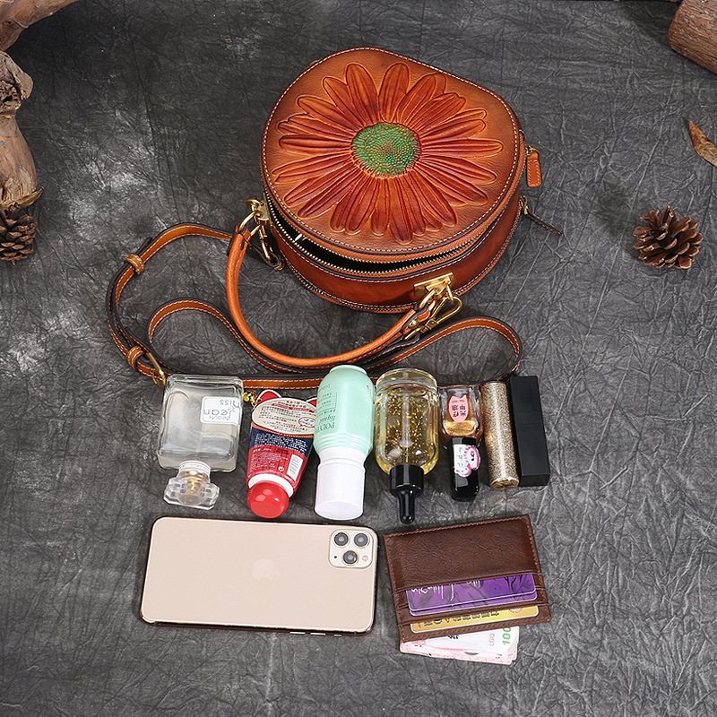 Nicho bolso de mujer de cuero genuino nuevo bolso de mujer retro estilo nacional pequeño bolso redondo primera capa de piel de vaca bolso de hombro bolsa de mensajero