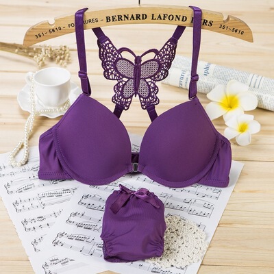 Ladies glossy butterfly beautiful back bra front button bra set girl sexy underwire push-up underwear