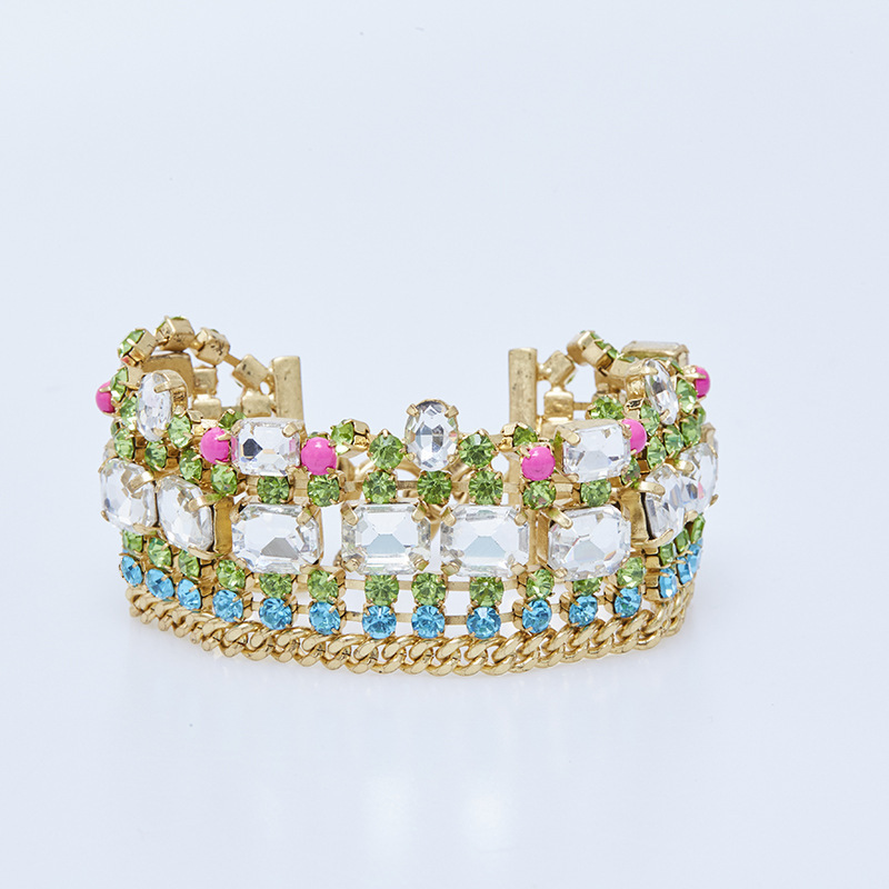 Women's Trendy Niche Colored Diamond Crystal Wide Bracelet with Diamonds, Fashionable Retro Palace Style Light Luxury Gemstone Stitching Bracelet Jewelry